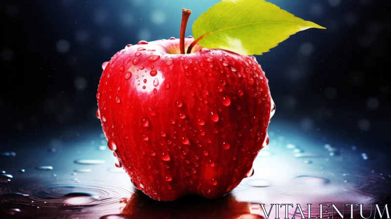 AI ART Red Apple with Green Leaf on Dark Blue Background