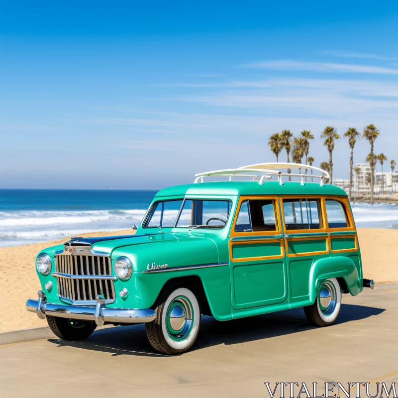 Retro Hollywood Glamour: A Green Wagon Parked on a Beach Walkway AI Image