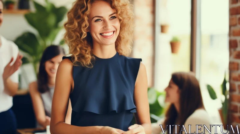 Smiling Woman with Blond Curly Hair in Blue Blouse AI Image