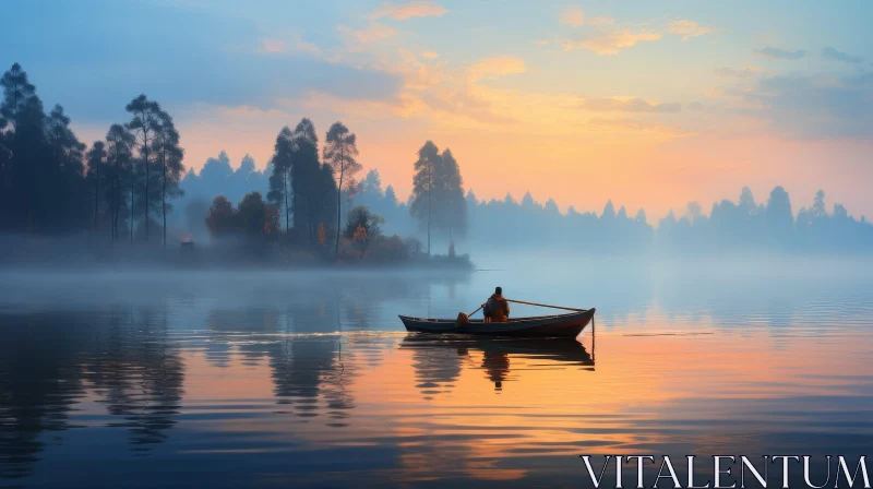 AI ART Tranquil Lake Landscape with Rowboat at Sunrise