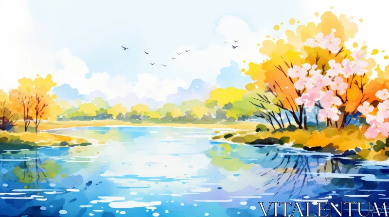 Tranquil Watercolor Painting of a Serene Lake in Autumn AI Image