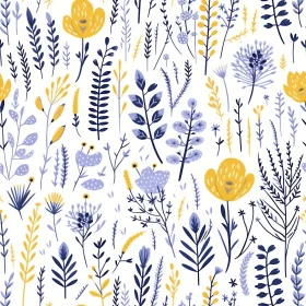 Blue and Yellow Floral Seamless Pattern on White Background