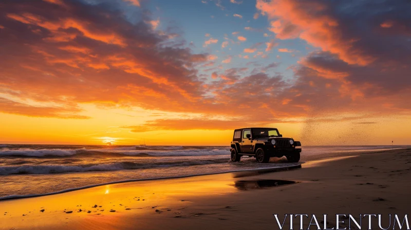 AI ART Captivating Sunset: White Jeep on Beach - National Geographic Photo