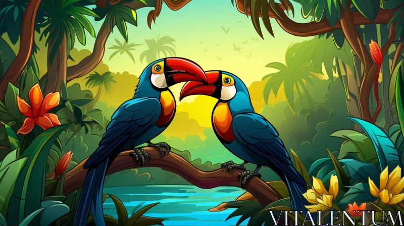 Cheerful Toucan Cartoon in Jungle Setting AI Image