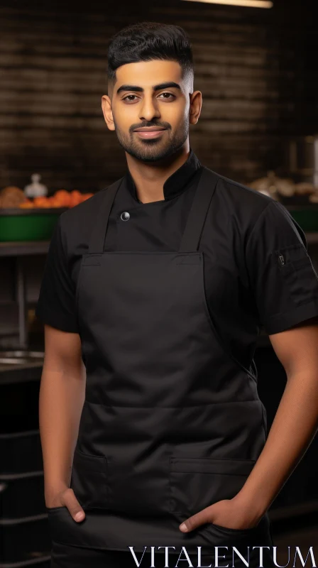 Confident Young Male Chef in Black Shirt and Apron AI Image