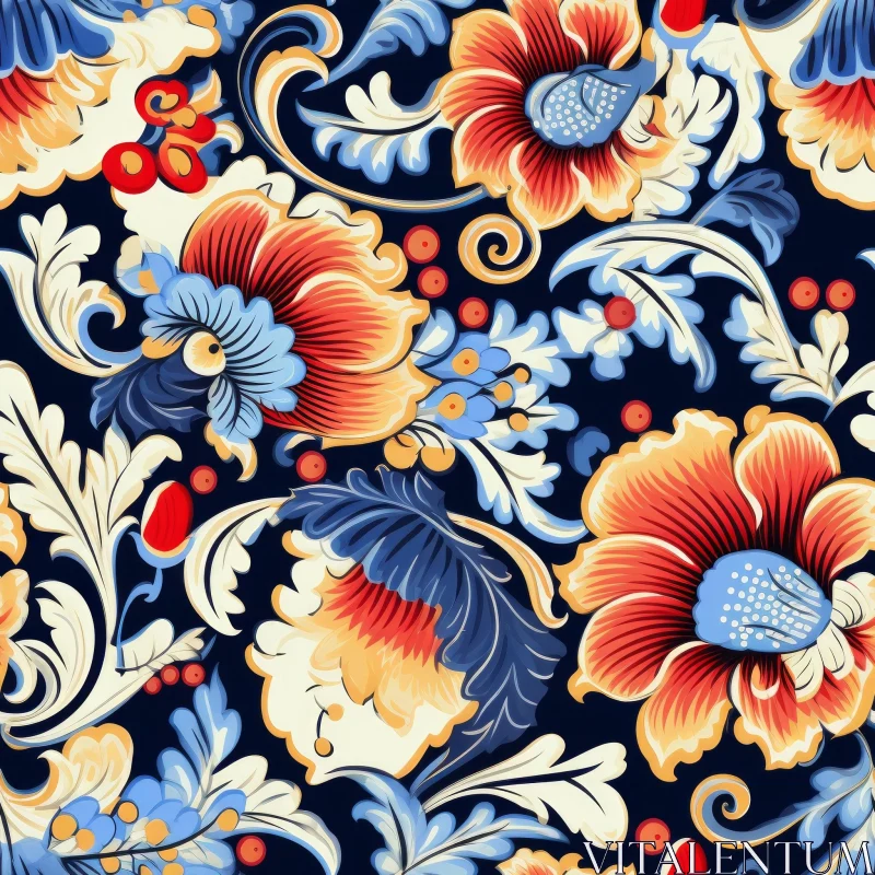 Elegant Floral Seamless Pattern on Dark Blue Background AI Image