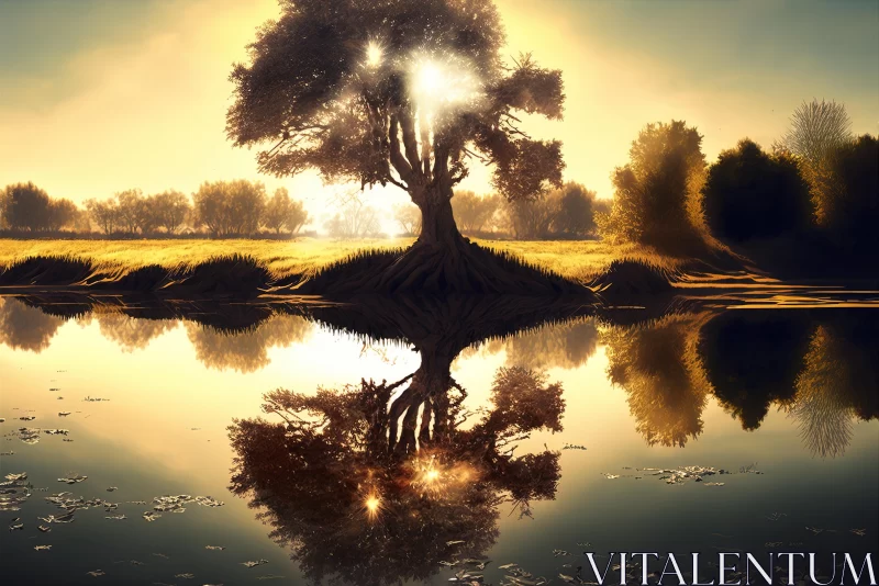 Ethereal Beauty: A Surrealistic Fantasy Landscape Featuring a Solitary Tree and its Reflection AI Image