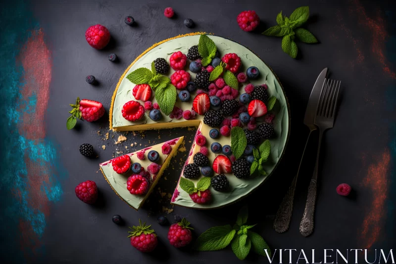 Exquisite Green Berry Cheesecake with Fresh Berries and Mint AI Image