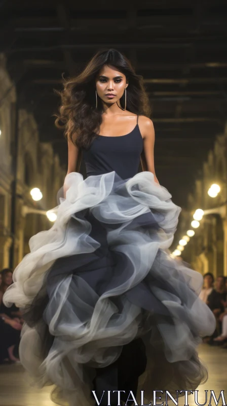 Fashion Model in Black and Gray Dress on Runway AI Image