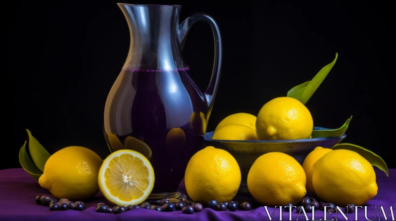 Glass Pitcher Still Life with Lemons and Blackberries AI Image