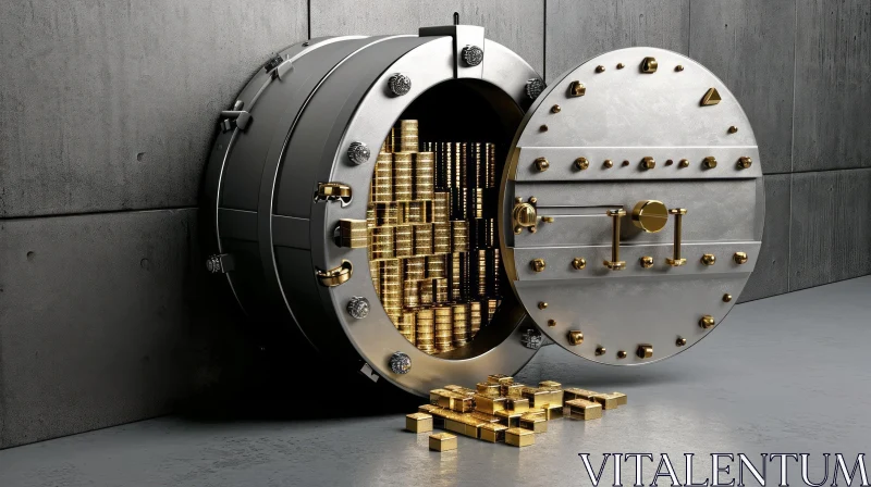 Golden opulence unleashed: 3D rendering of a bank vault door with stacks of gold coins and bars AI Image