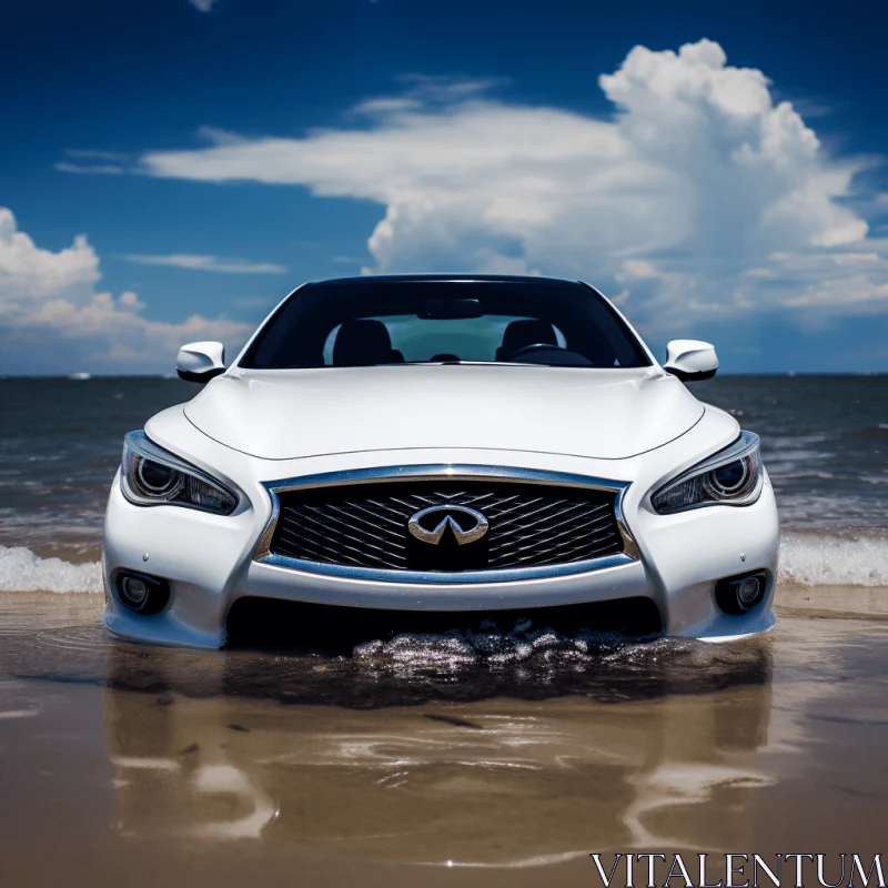 Graceful White Car Riding in Ocean Shallows | Wealthy Portraiture AI Image