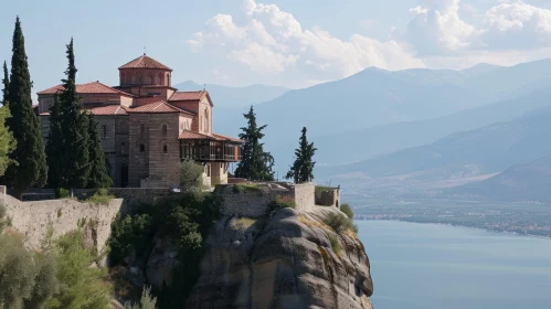 Majestic Greek Landscape: Mountain Range, Monastery, and Tranquil Lake