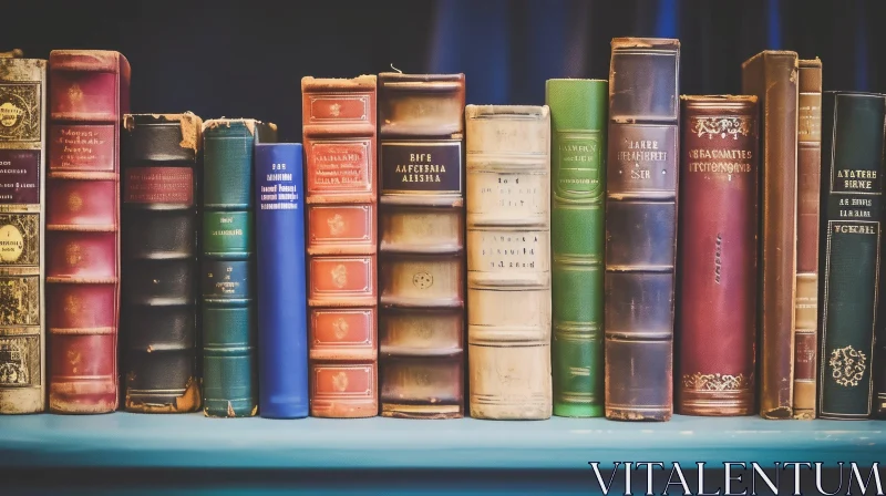 Mysterious Old Books on Wooden Shelf | Dark Blue Background AI Image