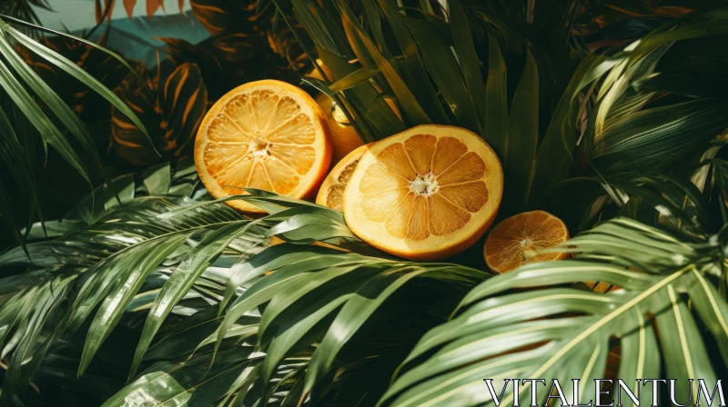 Sliced Orange on Palm Leaf: Fresh and Juicy Delight AI Image