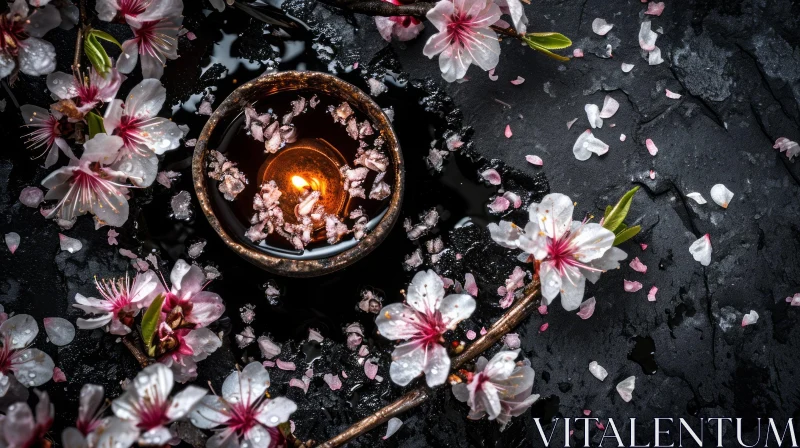 Still Life: Lit Candle in Dark Bowl with Cherry Blossoms AI Image