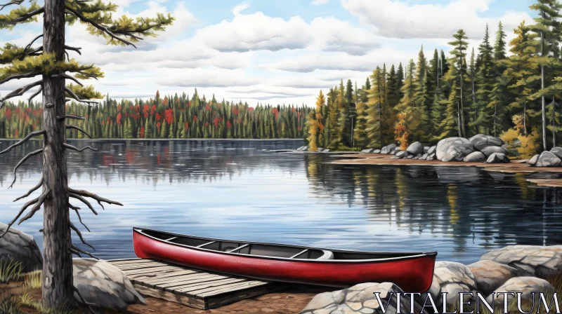 Tranquil Red Canoe on Dock at Serene Lake AI Image