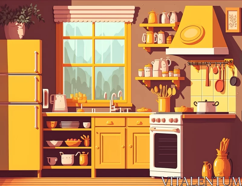 Vibrant Cartoon Kitchen with Yellow Cupboards and Oven AI Image