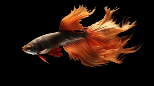 Betta Fish Digital Painting - Orange Fins on Black Background