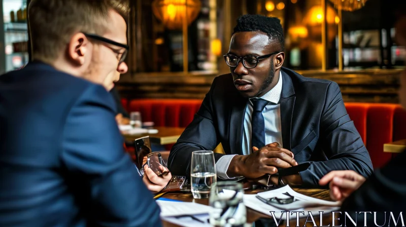 Engaging Conversation Between Two Businessmen in a Refined Restaurant Setting AI Image