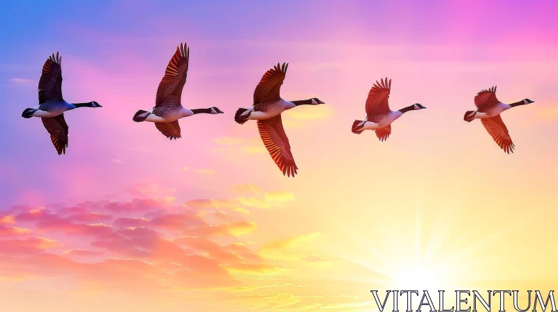 Graceful Geese in V-Formation Flying at Sunset AI Image