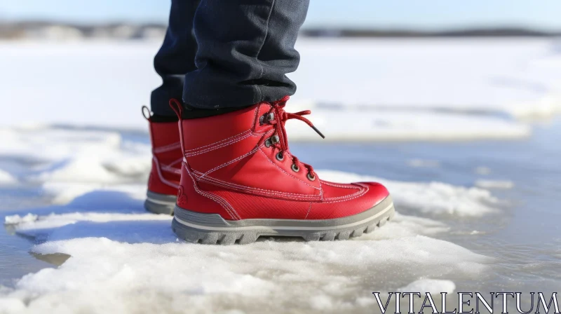 AI ART Red Boots on Frozen Lake - Winter Nature Scene