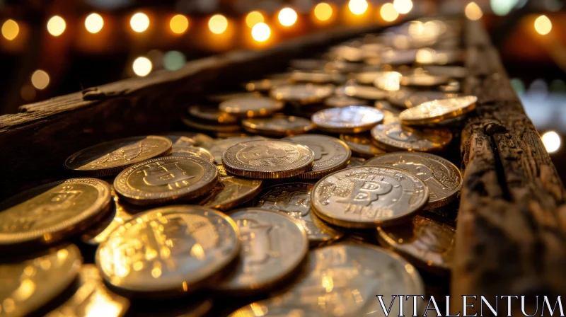 Scattered Gold Bitcoin Coins in Wooden Box - Captivating Close-Up AI Image