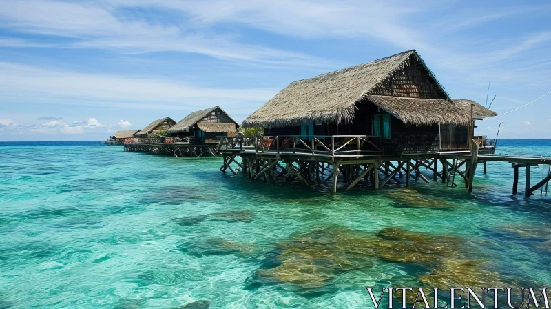 Serene Ocean Retreat: Wooden Bungalows on Stilts Amidst Crystal Clear Waters AI Image