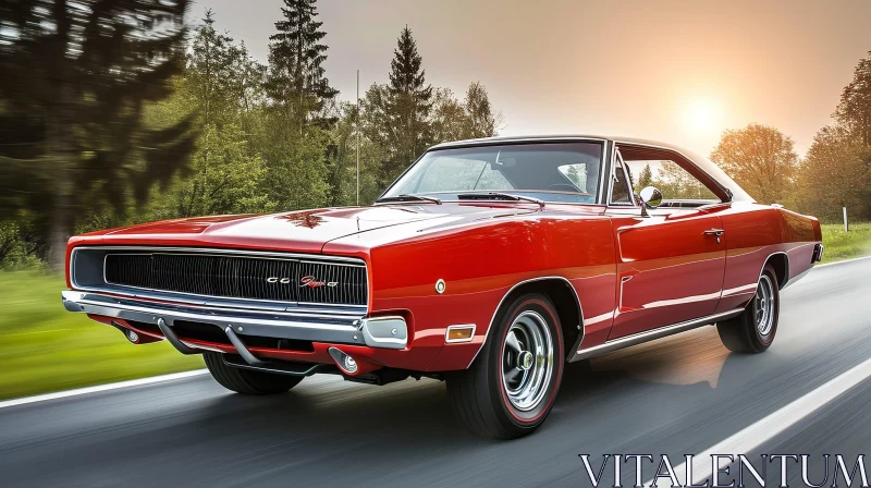 Red 1970 Dodge Charger R/T Muscle Car on Asphalt Road at Sunset AI Image