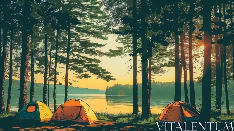 AI ART Tranquil Forest Camping Scene at Sunset by the Lake