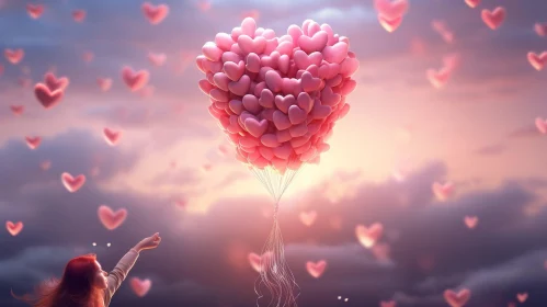 Whimsical Person Reaching for Pink Heart-shaped Balloons