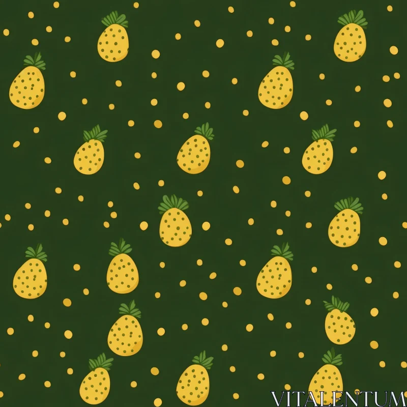 Yellow Pineapple Pattern on Dark Green Background AI Image