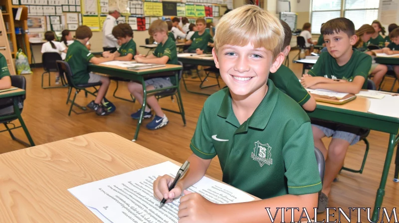 Young Boy in a Green Shirt Smiling in a Classroom AI Image