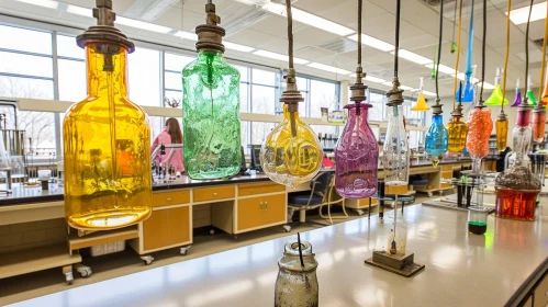 Abstract Chemistry Lab Artwork with Glassware and Colorful Liquids