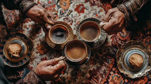 Exquisite Coffee Experience: Three People with Metal Cups on a Vibrant Carpet