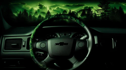 Innovative Car Interior with Camouflage Steering Wheel in Dark Forest Scene