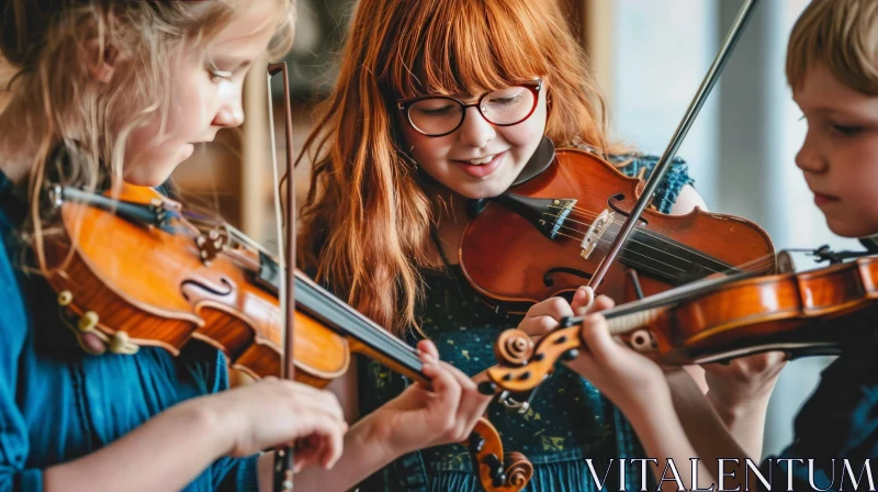 Joyful Children Playing Violins in a Cozy Home AI Image