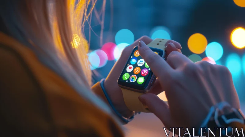 Modern Technology: Young Woman Using Apple Watch with Yellow Jacket AI Image