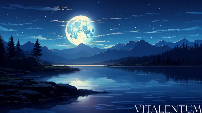 Night Lake Landscape with Moon and Mountains AI Image