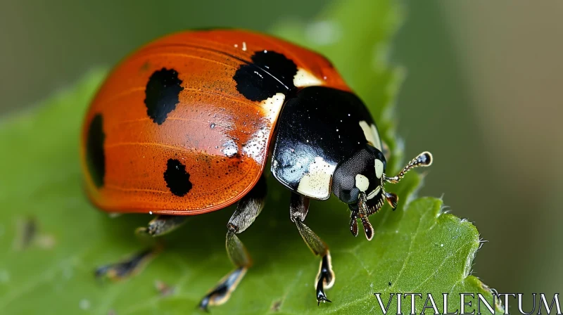 AI ART Red Ladybug on Green Leaf - Detailed Insect Close-up