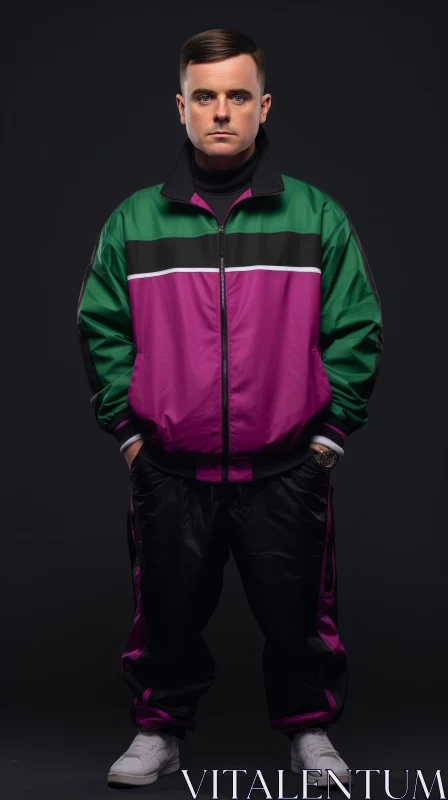 Serious Young Man in Purple and Green Tracksuit AI Image