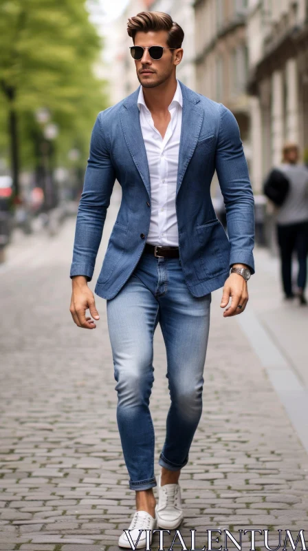 Stylish Young Man Walking in City Street AI Image