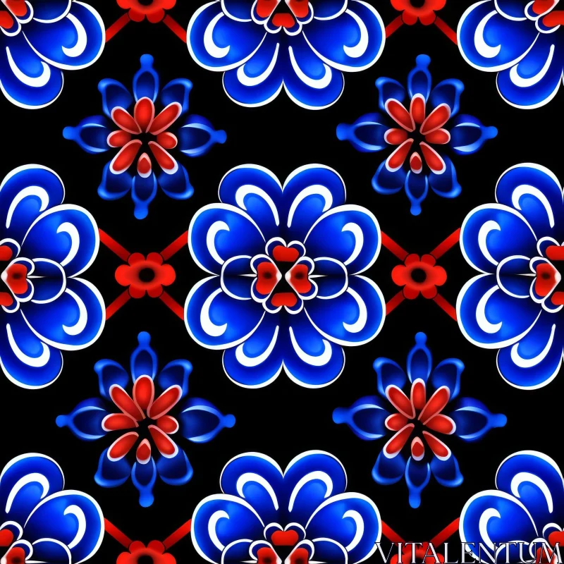 Stylized Blue and Red Floral Pattern on Black Background AI Image