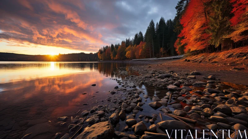 Tranquil Autumn Landscape with Lake and Colorful Sky AI Image