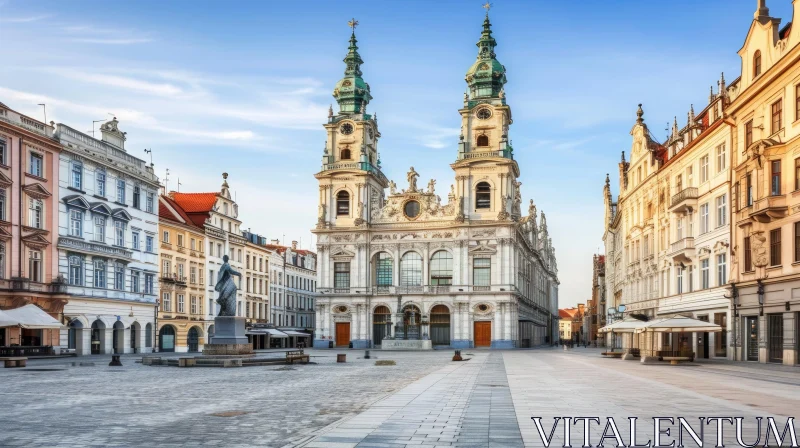 Tranquil European City Square with Majestic Church | Serene Beauty AI Image