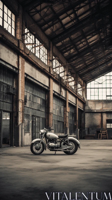 AI ART Vintage-Inspired Motorcycle in Empty Industrial Building | Muted Colorscape Mastery