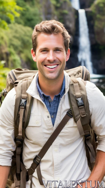 Young Male Hiker Smiling at Waterfall AI Image