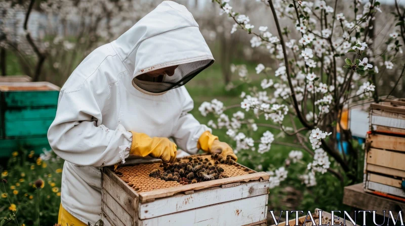 Beekeeper Working in Apiary with Bees and Honeycombs AI Image