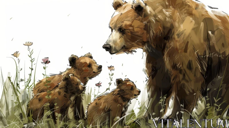 Brown Bear and Cubs Watercolor Painting in Field AI Image