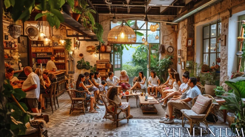 Cozy Vintage Cafe Interior with People Enjoying Conversations and Coffee AI Image